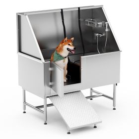 Pet Bathtub - 50 Inch Professional Dog Rinse Station (Left Side Ramp) with Faucet, Leash and Other Accessories, Adjustable Legs, Pet Wash Station for